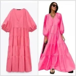 Zara Tiered Poplin Maxi Dress in neon Fuchsia Medium